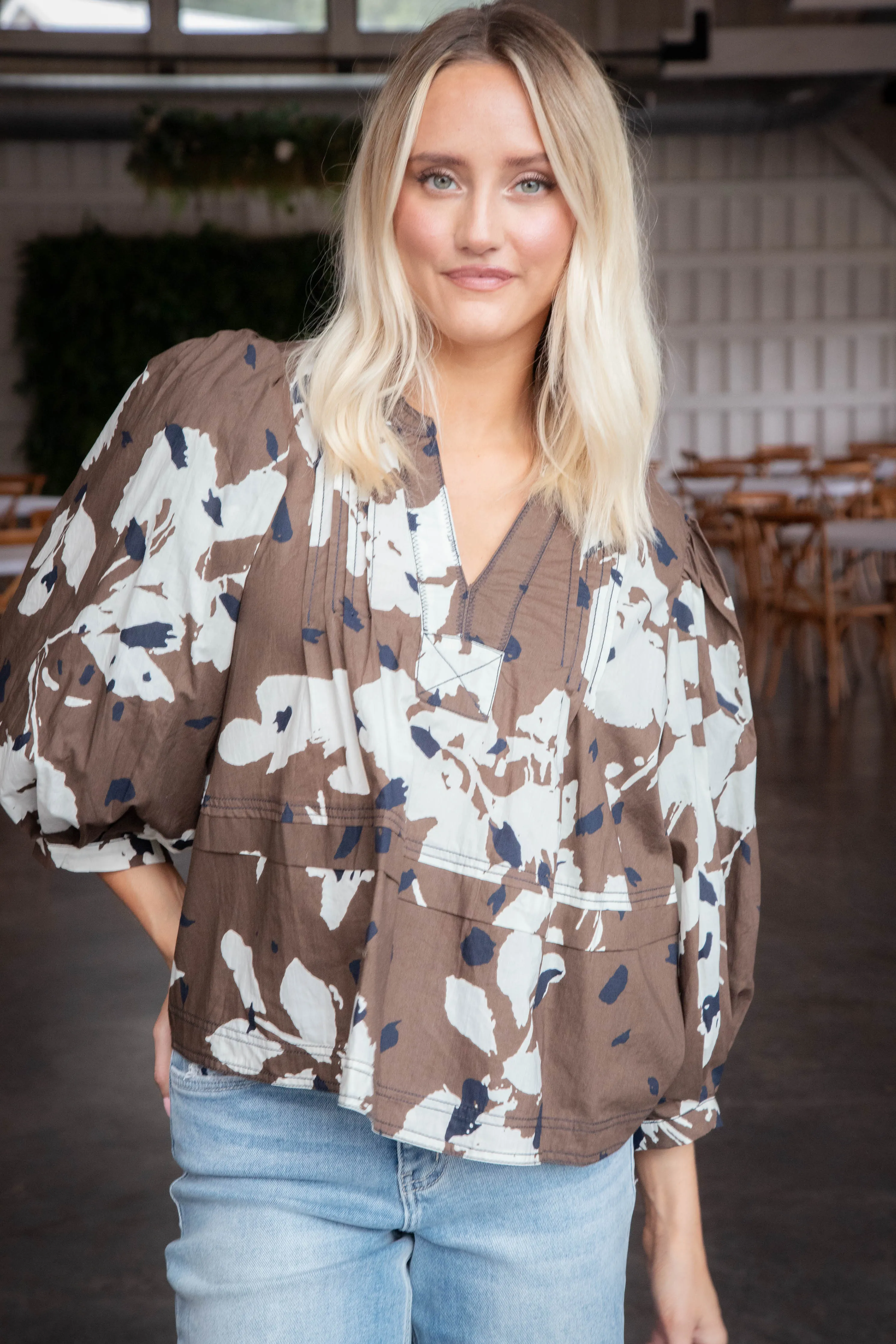 Oaklyn Printed Pintuck Blouse, Espresso sold by North & Main Clothing Company product image thumbnail 4