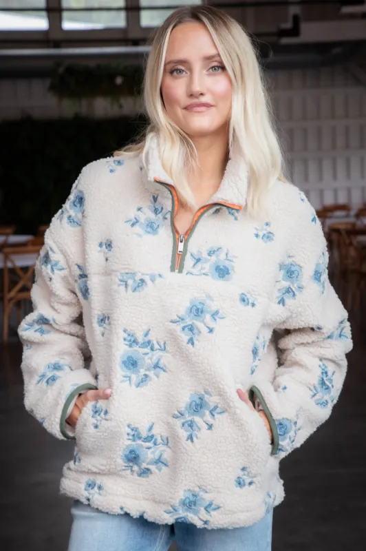 Elin Embroidered Sherpa Pullover, Cream | RD Style sold by North & Main Clothing Company