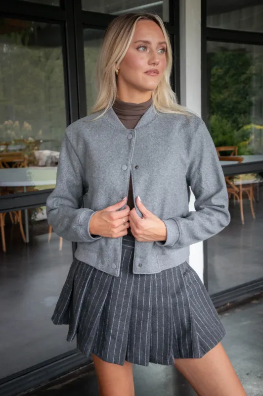 Kaley Snap Front Bomber Jacket, Heather Grey sold by North & Main Clothing Company