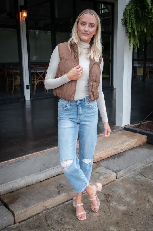 Martha Zip Up Cropped Puffer Vest, Brown sold by North & Main Clothing Company