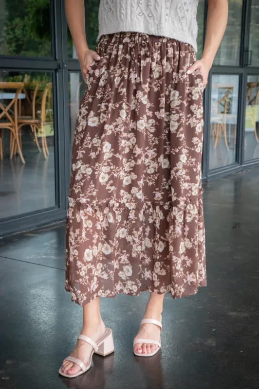 Mona Floral Midi Skirt, Brown Multi sold by North & Main Clothing Company