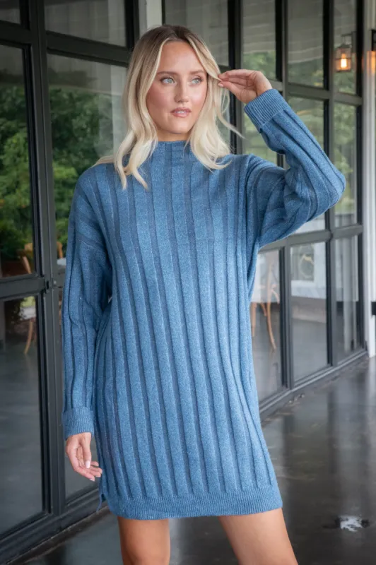 Margo Mock Neck Sweater Dress, Dusty Blue sold by North & Main Clothing Company