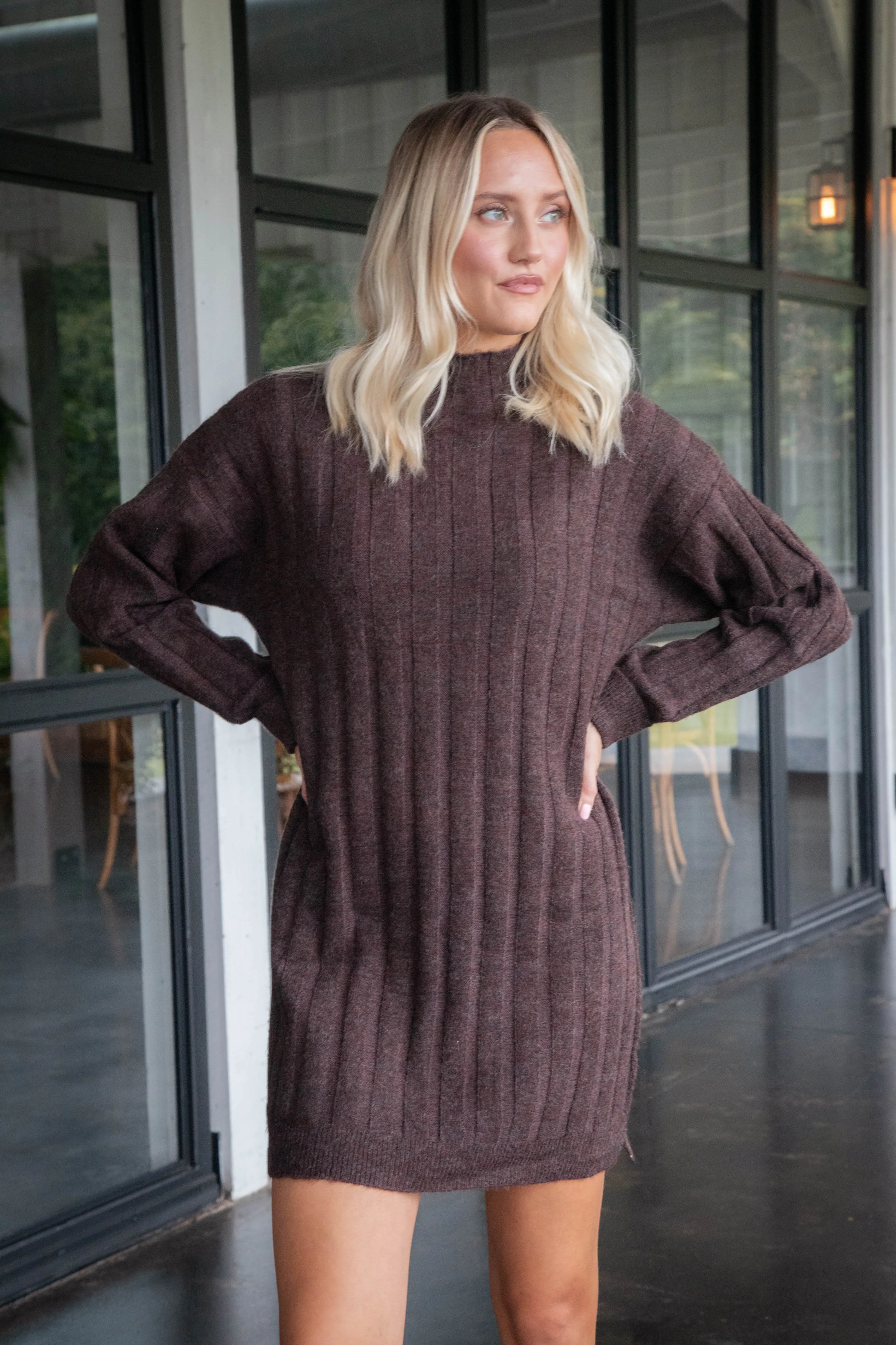 Margo Mock Neck Sweater Dress, Brown sold by North & Main Clothing Company product image thumbnail 5