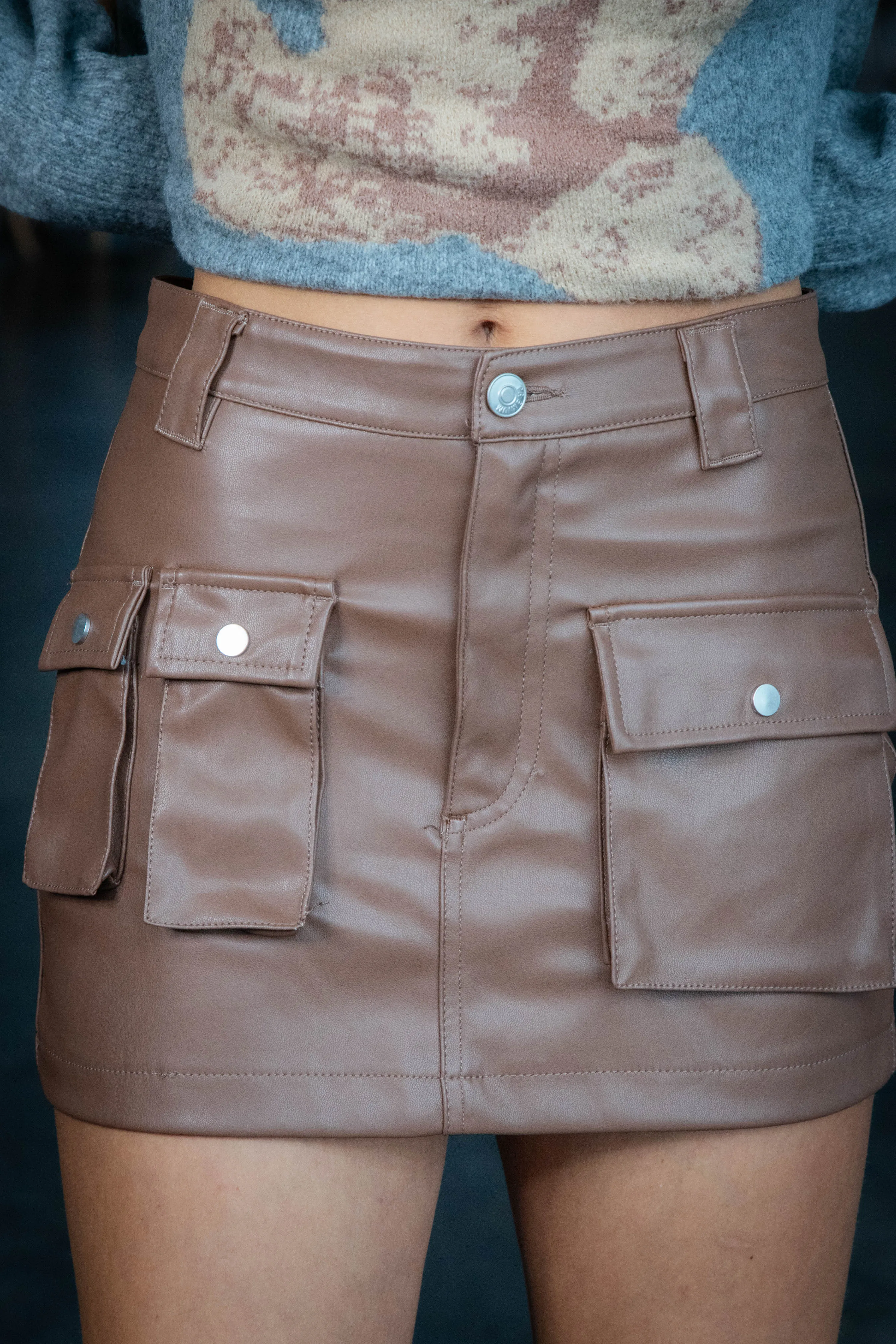 Karly Faux Leather Cargo Skirt, Brown sold by North & Main Clothing Company product image thumbnail 2