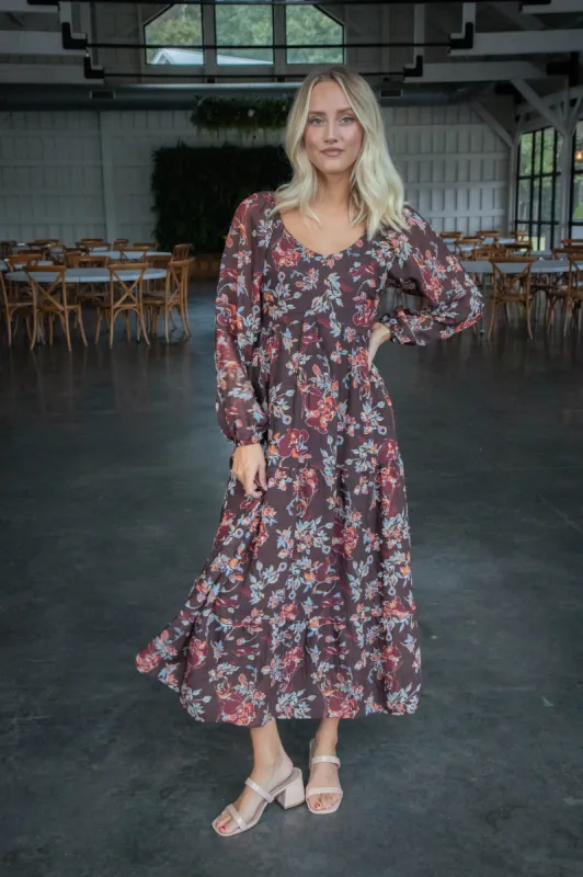 Joselyn V-Neck Floral Dress, Dark Brown Multi sold by North & Main Clothing Company