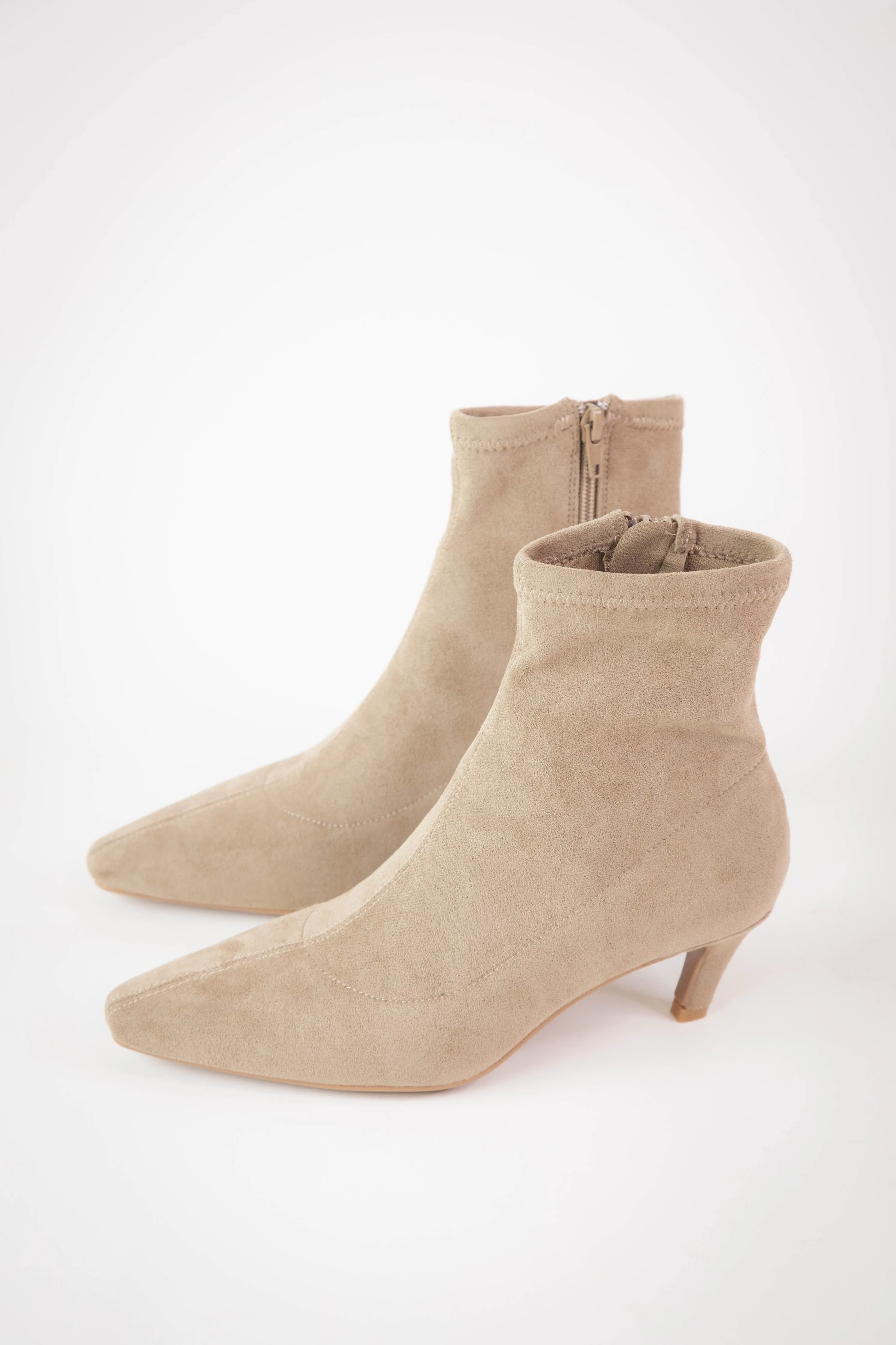 Lean Suede Kitten Heel Bootie, Oat sold by North & Main Clothing Company