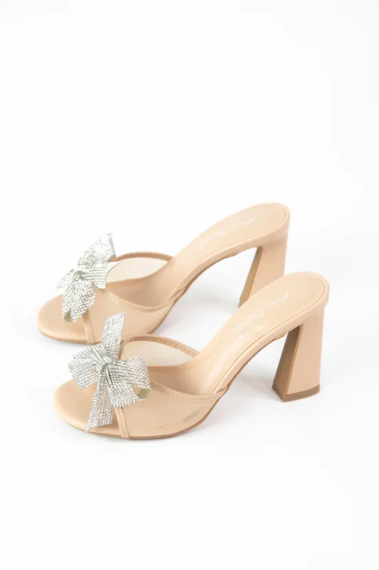 Valley Rhinestone Bow Heel, Nude Mesh sold by North & Main Clothing Company