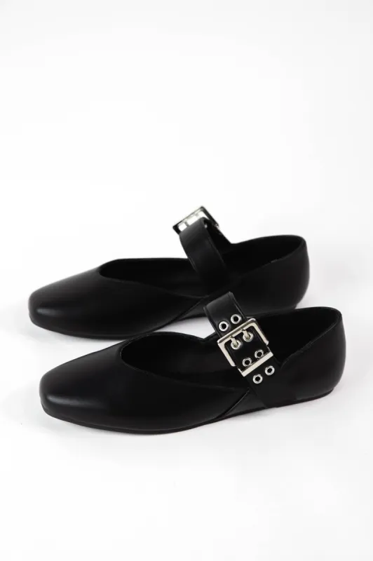 Seabert Buckle Mary Jane Flat, Black PU sold by North & Main Clothing Company