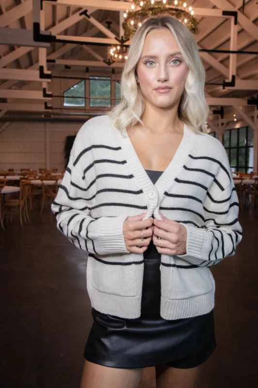 Fatima Striped Cardigan, White/Black | RD Style sold by North & Main Clothing Company