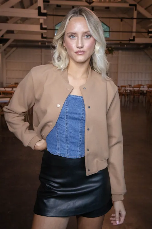 Kaley Snap Front Bomber Jacket, Camel sold by North & Main Clothing Company