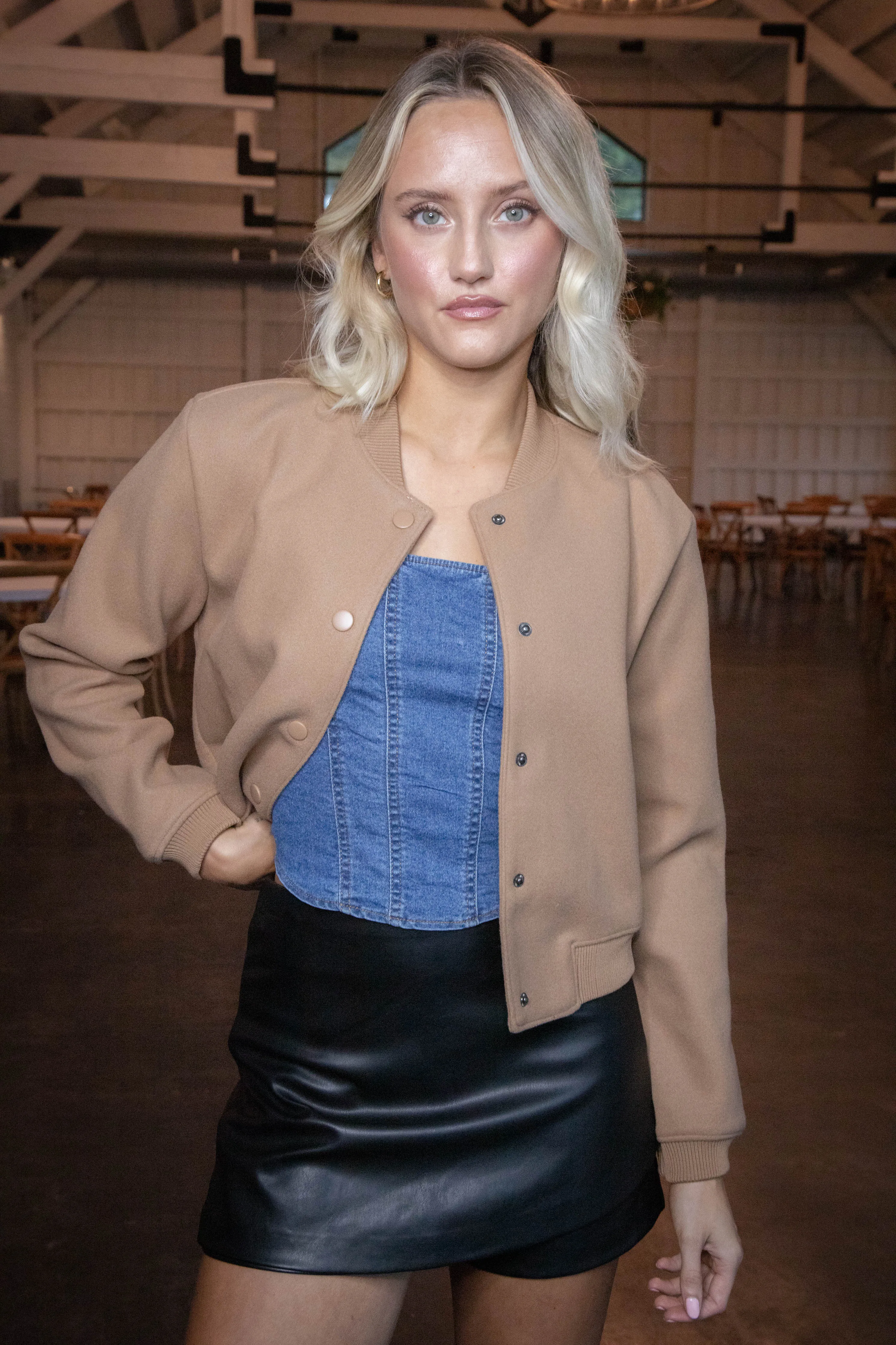 Kaley Snap Front Bomber Jacket, Camel sold by North & Main Clothing Company