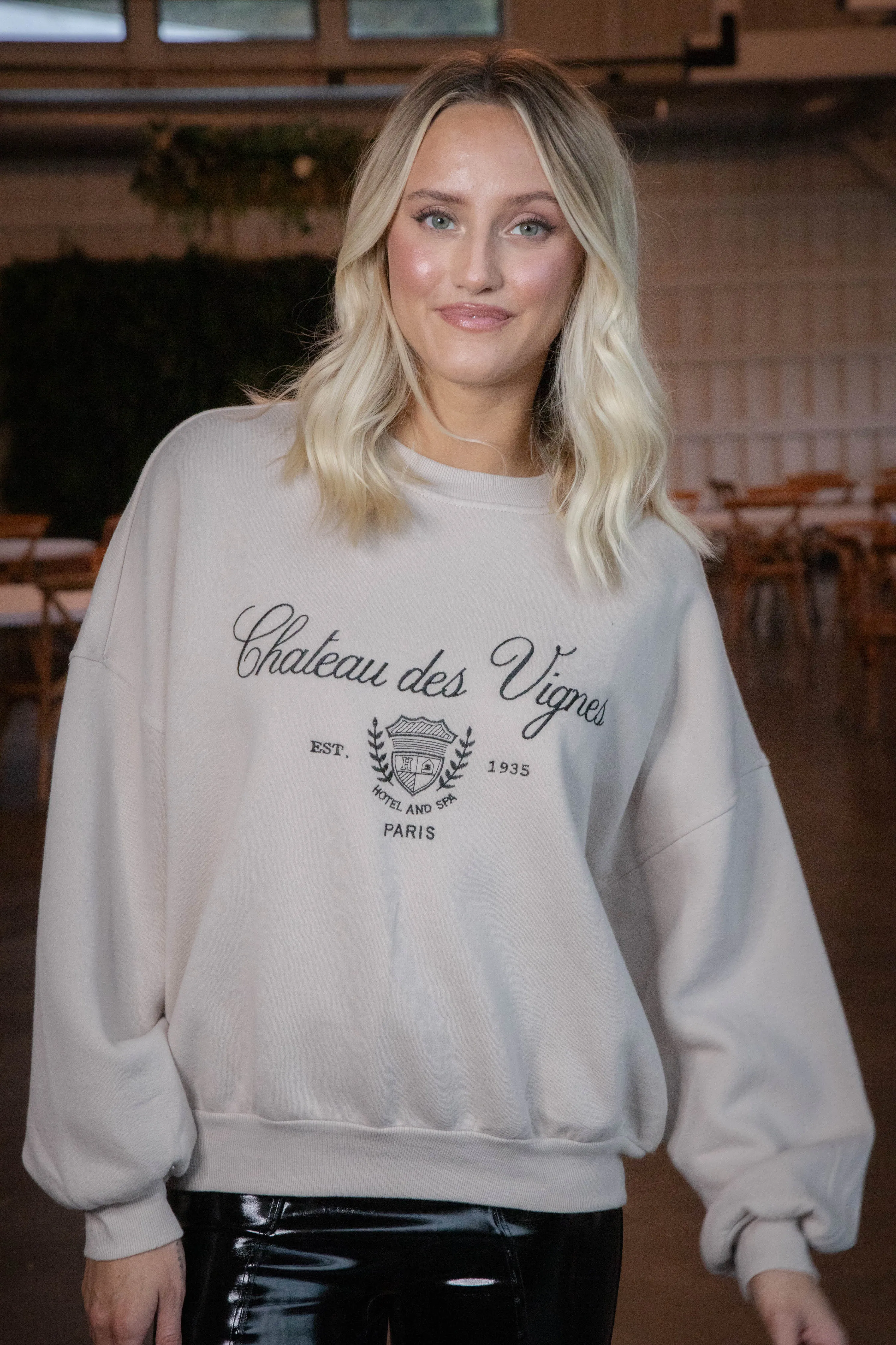 Paris Embroidered Crew Neck Sweatshirt, Khaki sold by North & Main Clothing Company product image thumbnail 3