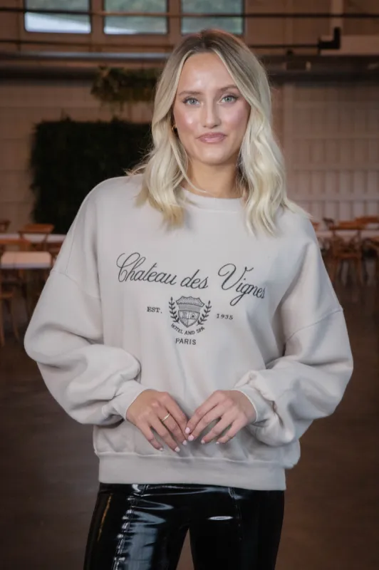 Paris Embroidered Crew Neck Sweatshirt, Khaki sold by North & Main Clothing Company