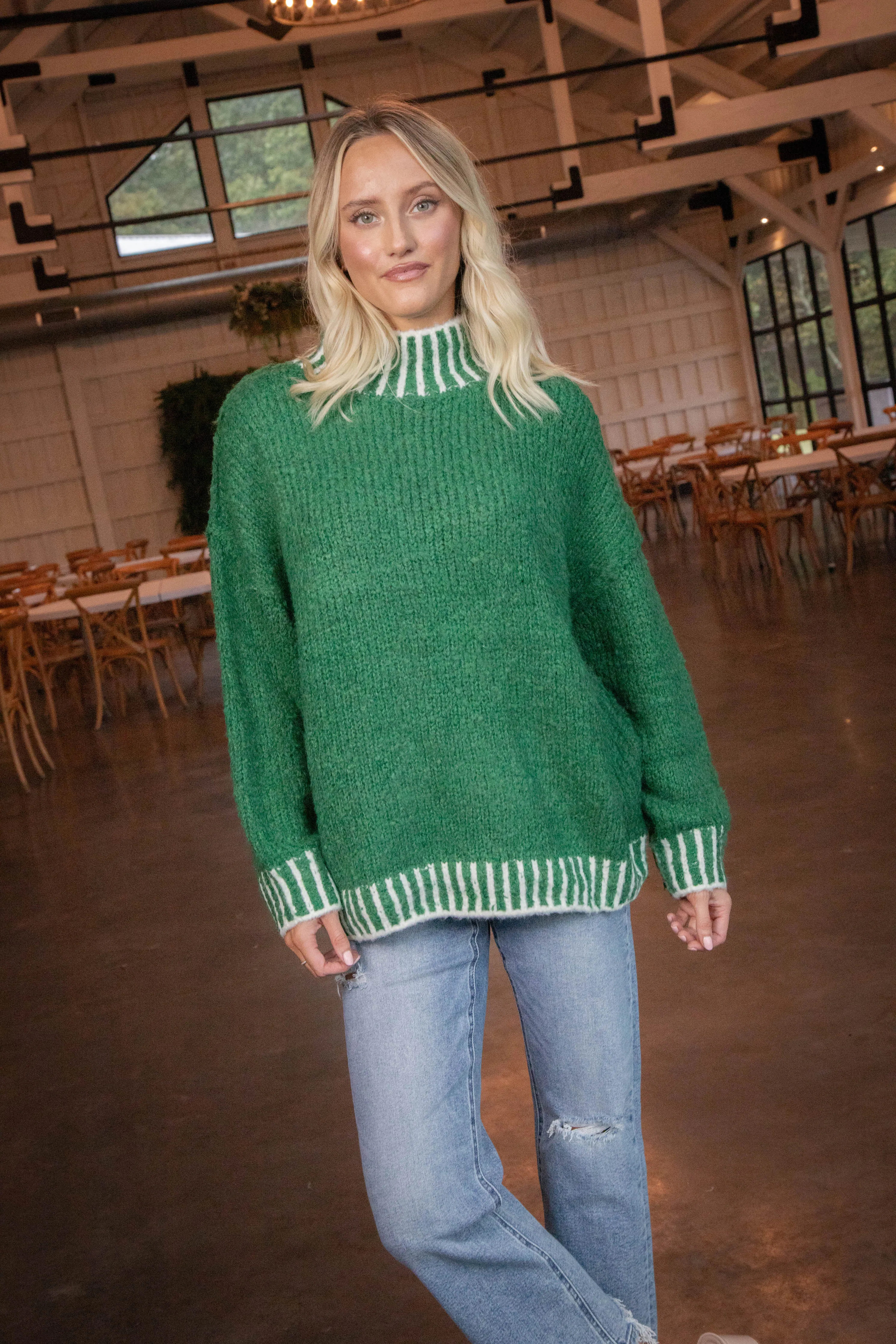Sarina Contrast Stitched Sweater, Green sold by North & Main Clothing Company