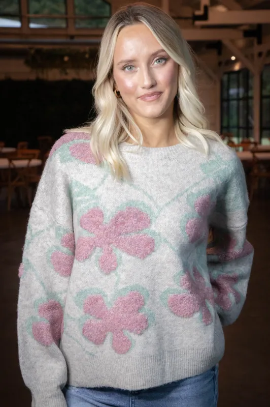 Keeley Floral Print Sweater, Oatmeal Combo sold by North & Main Clothing Company
