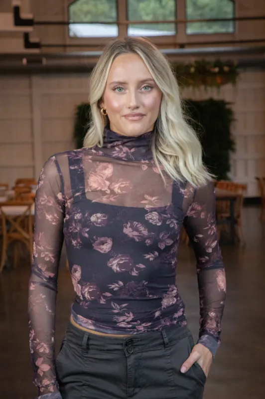 Jenny Floral Mesh Top, Brown Cream sold by North & Main Clothing Company