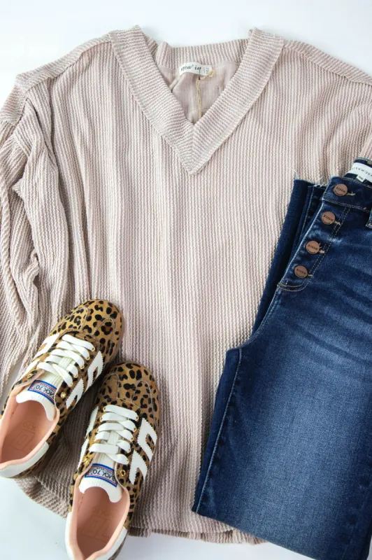 Kayley Two Tone Ribbed Top, Oatmeal | Extended Sizes sold by North & Main Clothing Company