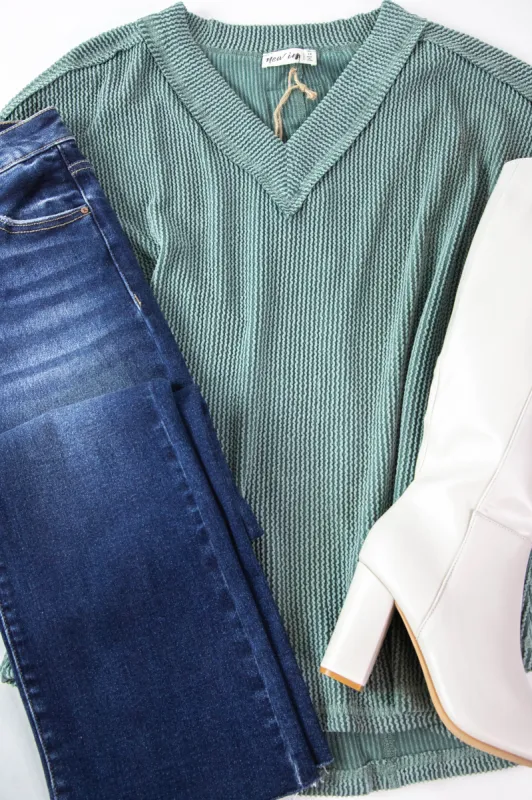 Kayley Two Tone Ribbed Top, Moss | Extended Sizes sold by North & Main Clothing Company