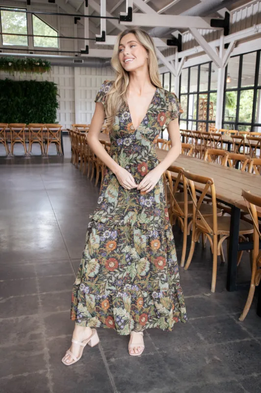 Annabeth Floral Long V-Neck Dress, Black Multi made by North & Main Clothing Company