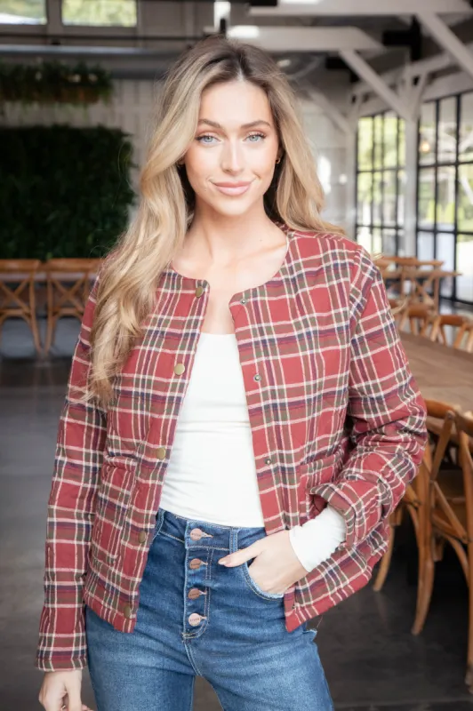 Judith Quilted Plaid Jacket, Brick Red made by Hem & Thread