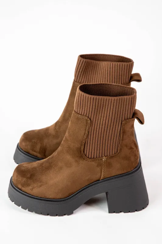 Super Knit Sock Chelsea Boots, Chocolate Faux Suede made by North & Main Clothing Company