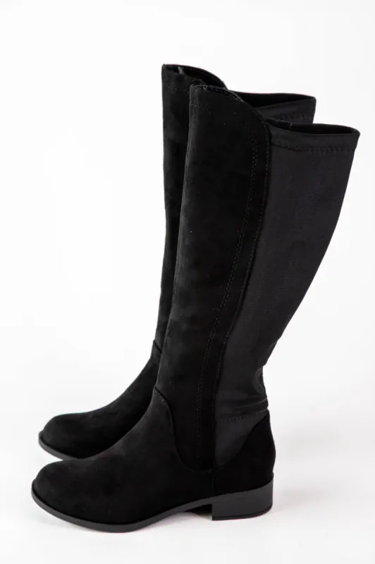 Cheese Stretch Back Tall Boot, Black Faux Suede made by North & Main Clothing Company