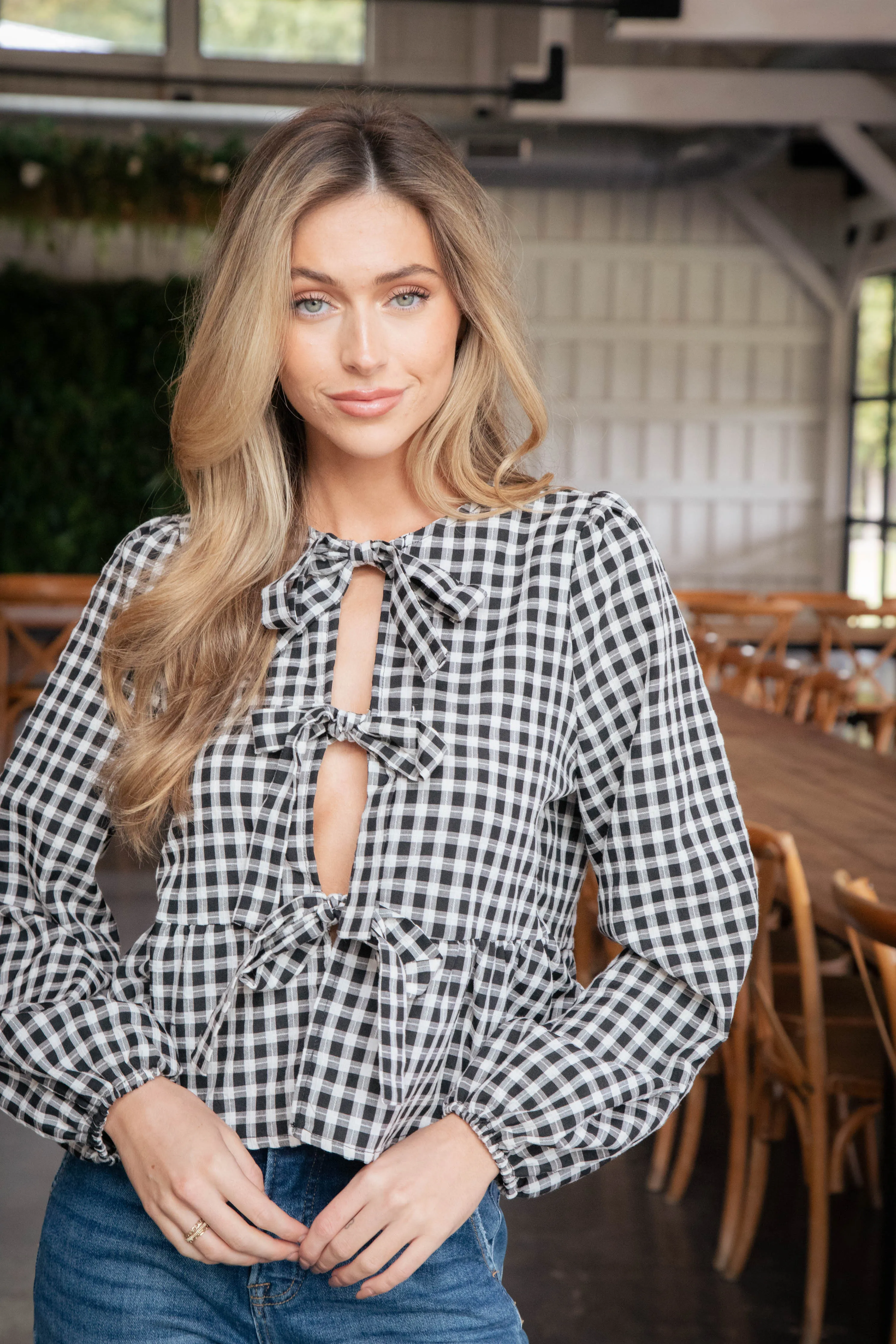 Avalyn Gingham Tie Front Top, Black/Ivory sold by North & Main Clothing Company