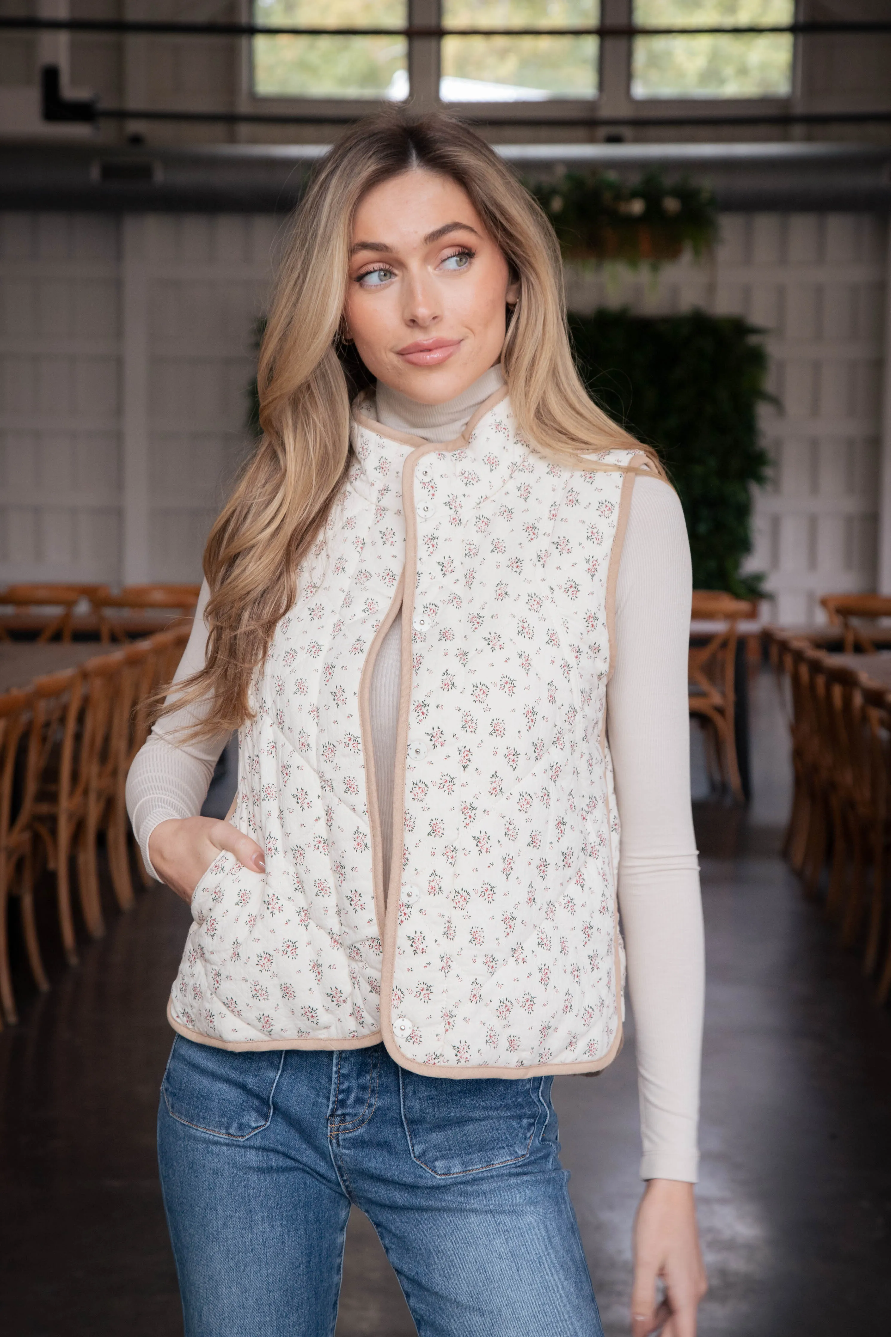 Adelle Floral Print Quilted Vest, Cream sold by North & Main Clothing Company