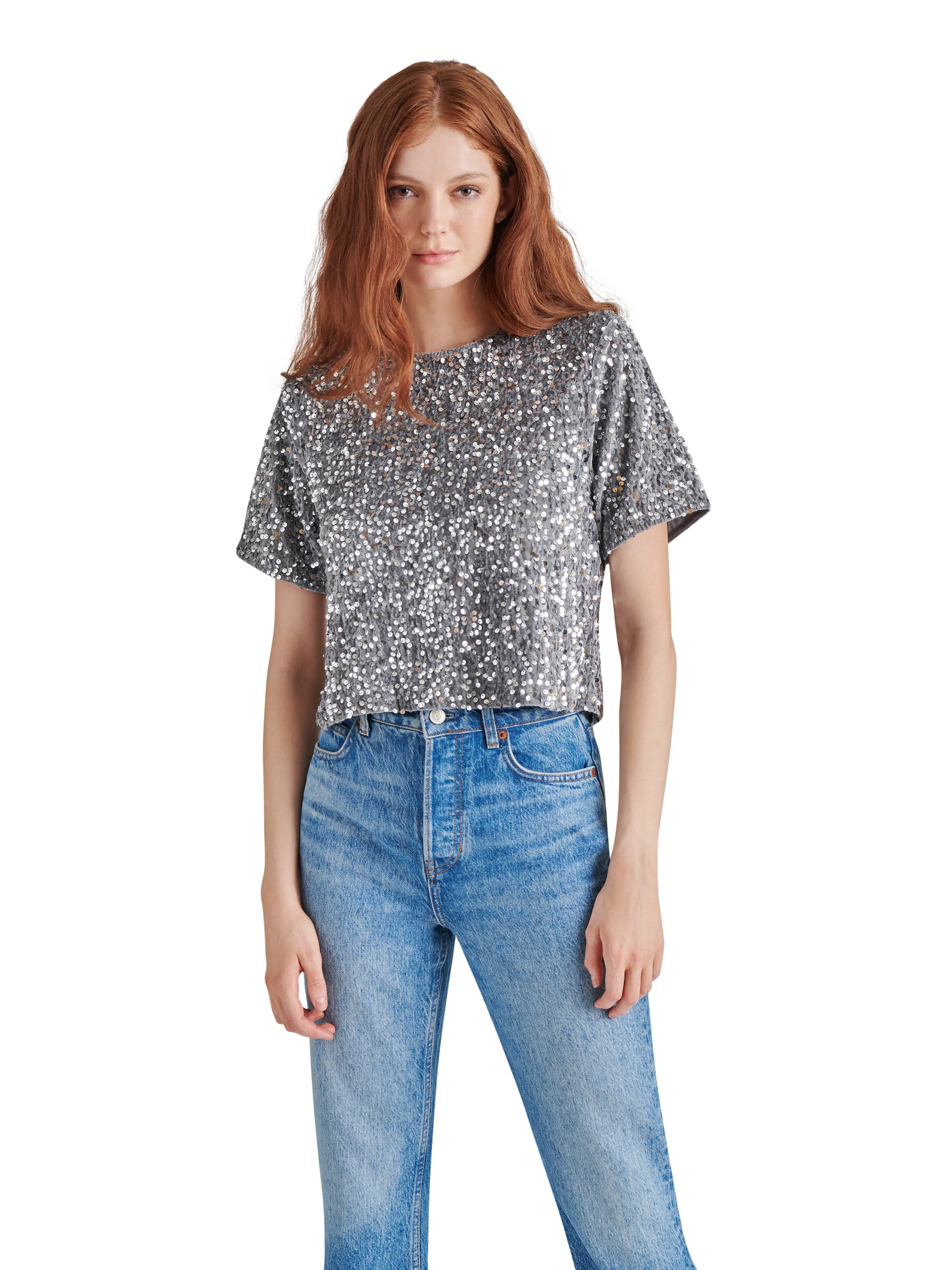 Cressa Sequin Velvet Top, Grey | Steve Madden sold by North & Main Clothing Company