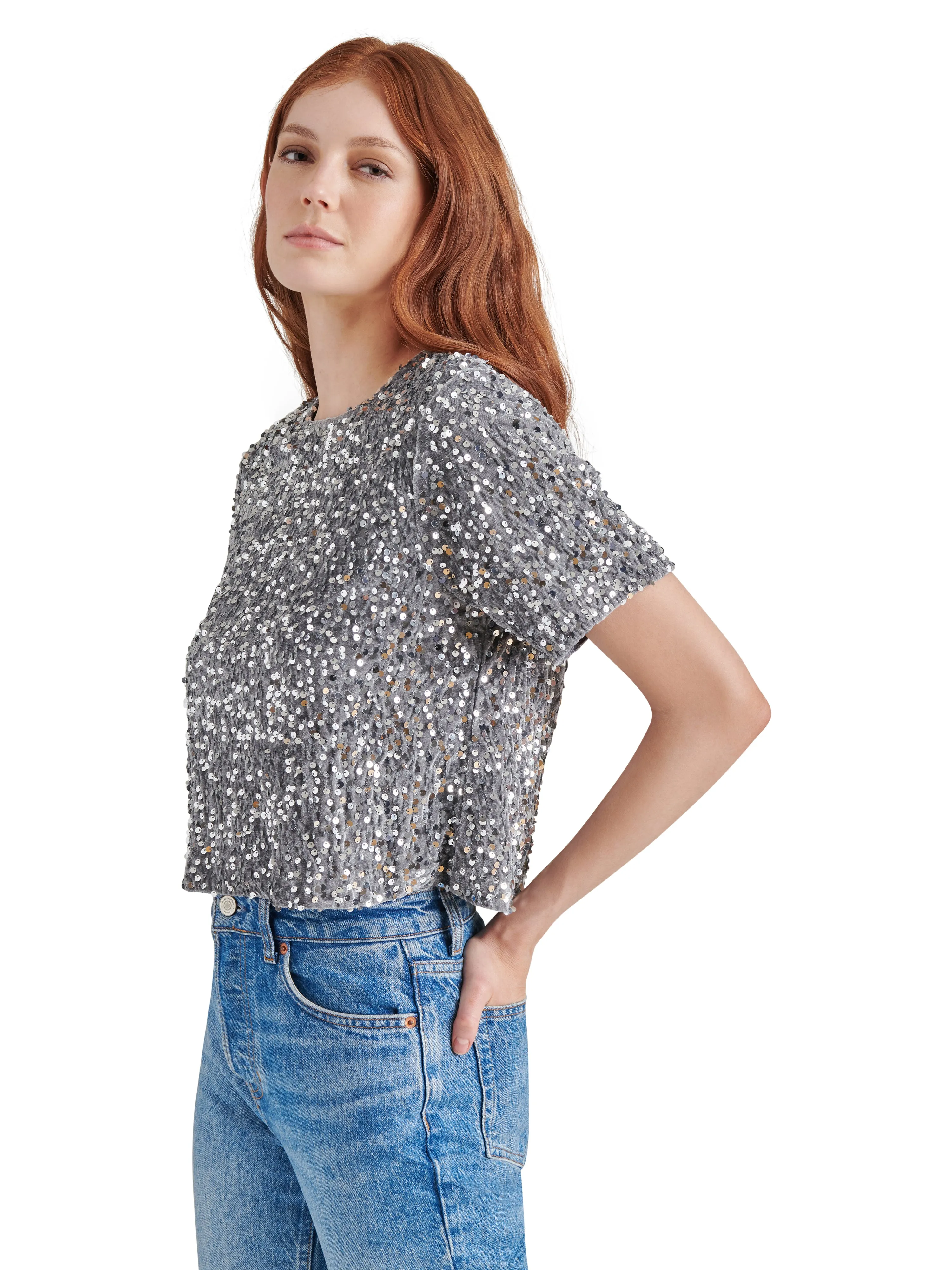 Cressa Sequin Velvet Top, Grey | Steve Madden sold by North & Main Clothing Company product image thumbnail 5