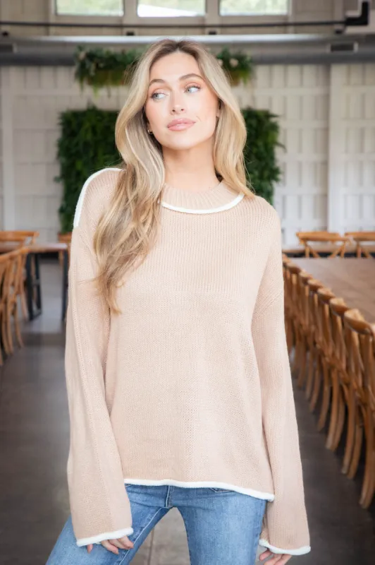 Cece Contrast Detail Sweater, Natural sold by North & Main Clothing Company
