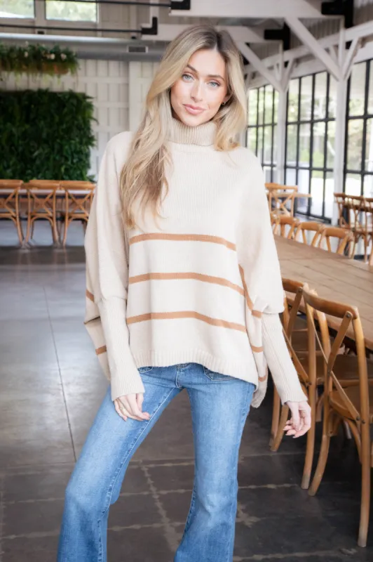 Anabel Striped Turtle Neck Sweater, Light Taupe sold by North & Main Clothing Company