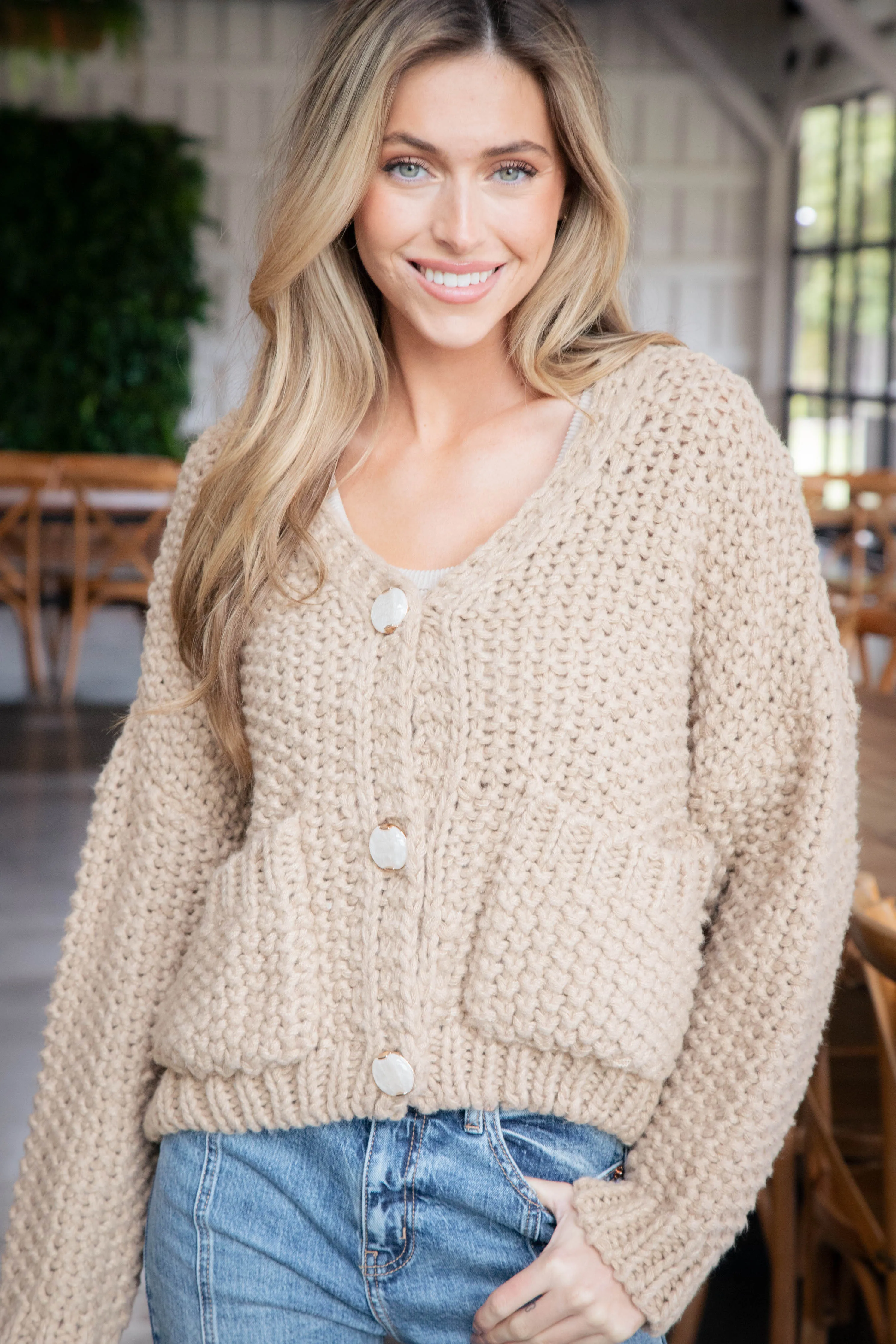 Vicky Chunky Knit Cardigan, Tan sold by North & Main Clothing Company product image thumbnail 4
