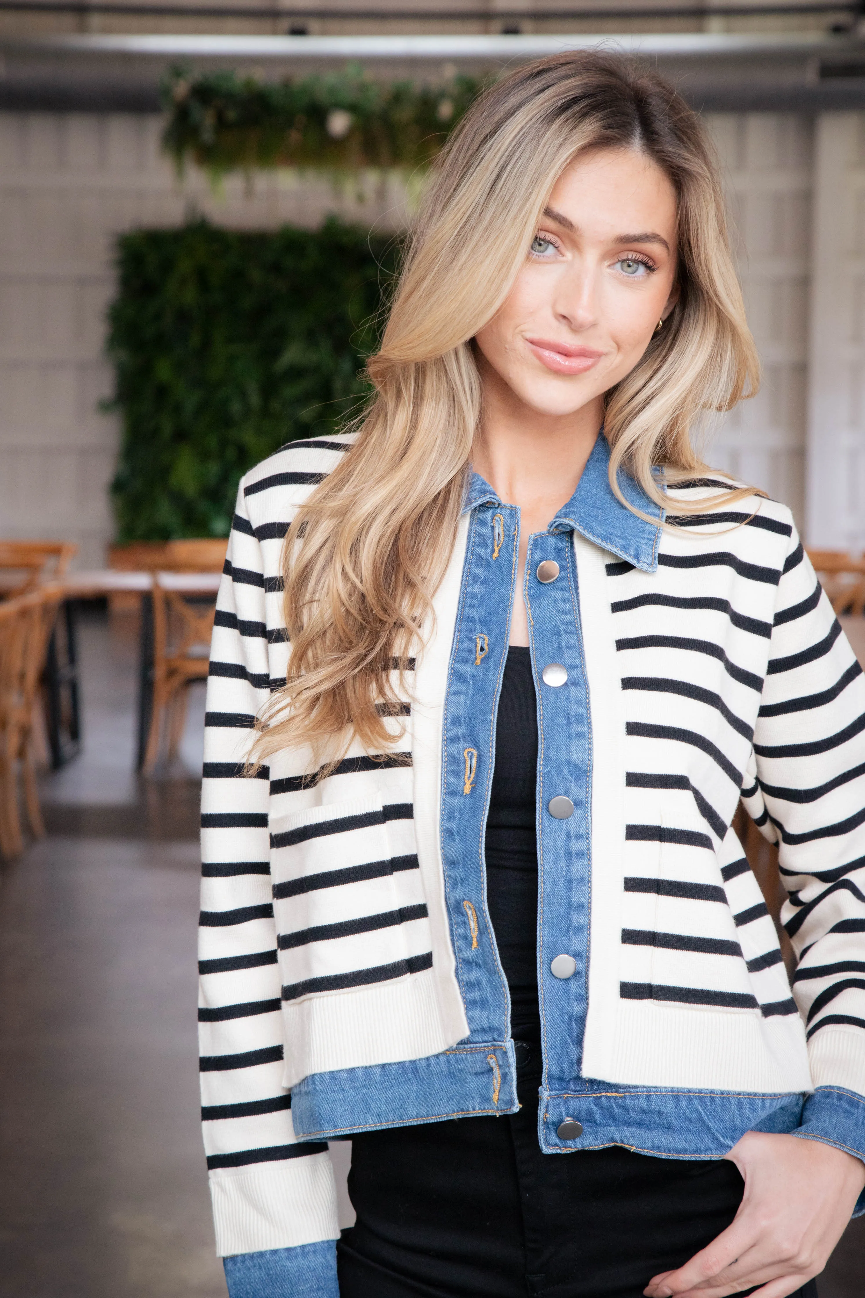 Rhylee Striped Denim Trim Cardigan, Cream sold by North & Main Clothing Company product image thumbnail 5