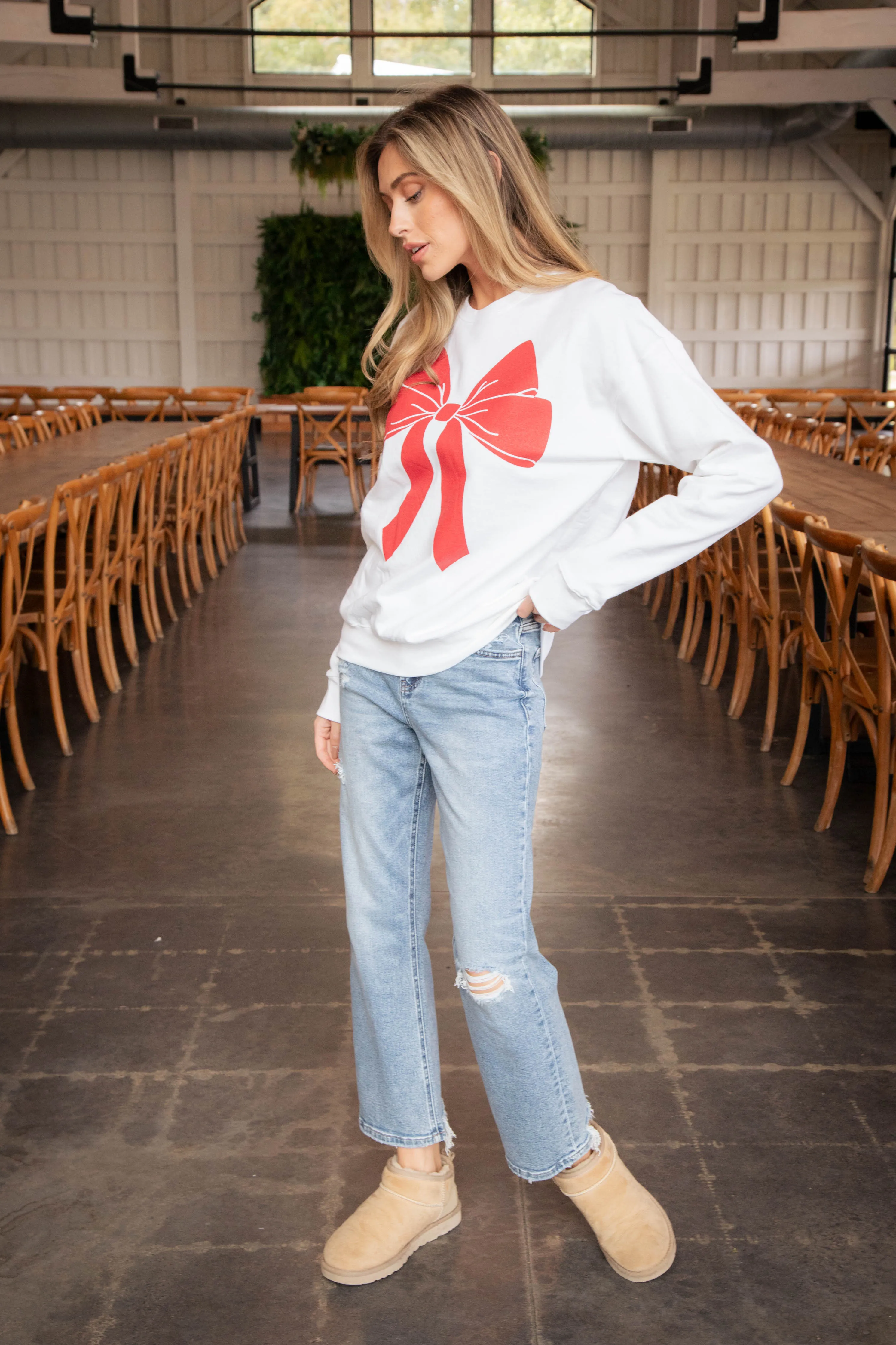 Christmas Bow Sweatshirt, White/Red sold by North & Main Clothing Company product image thumbnail 3