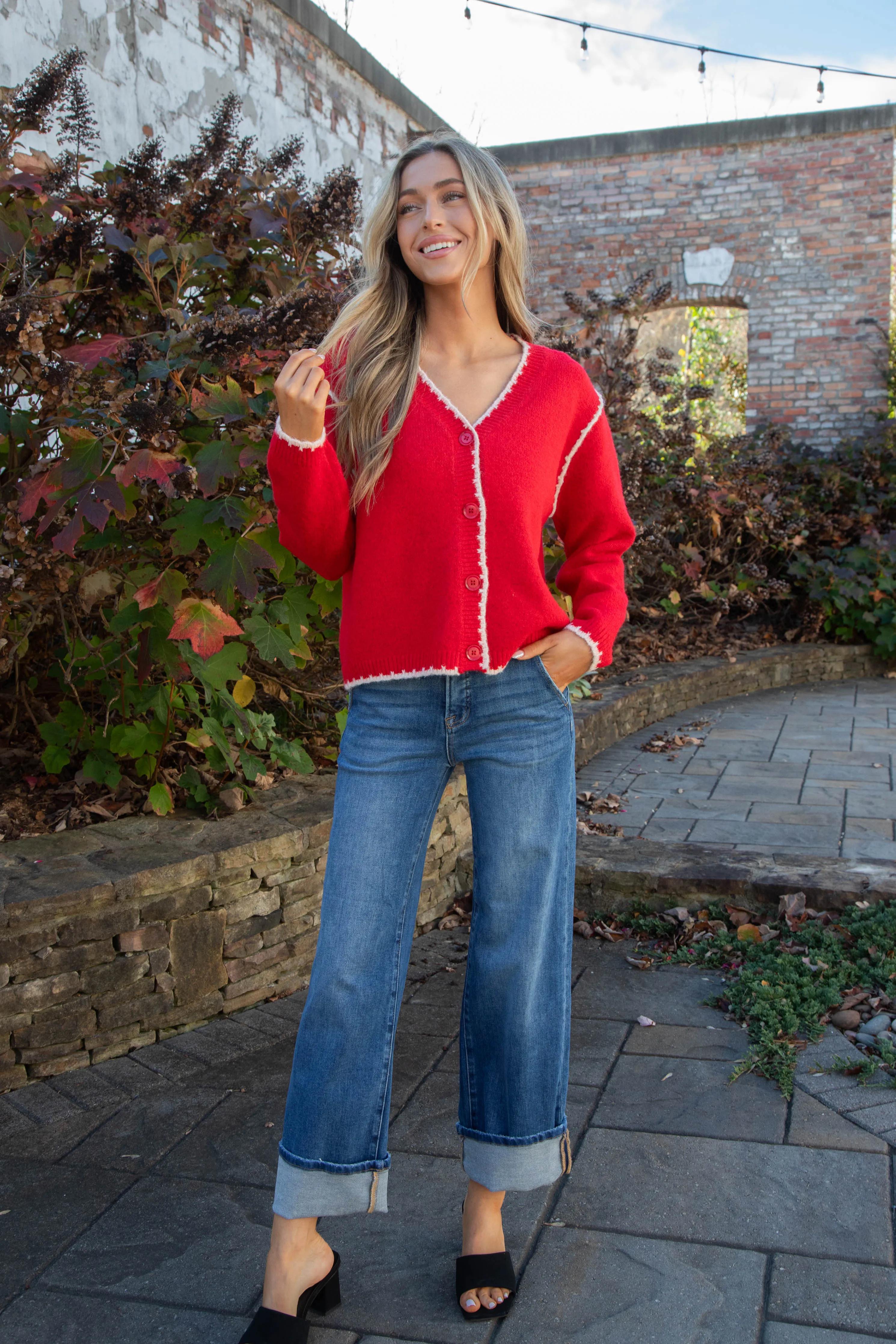 Aeryn Contrast Stitch Edges Cardigan, Red sold by North & Main Clothing Company product image thumbnail 3
