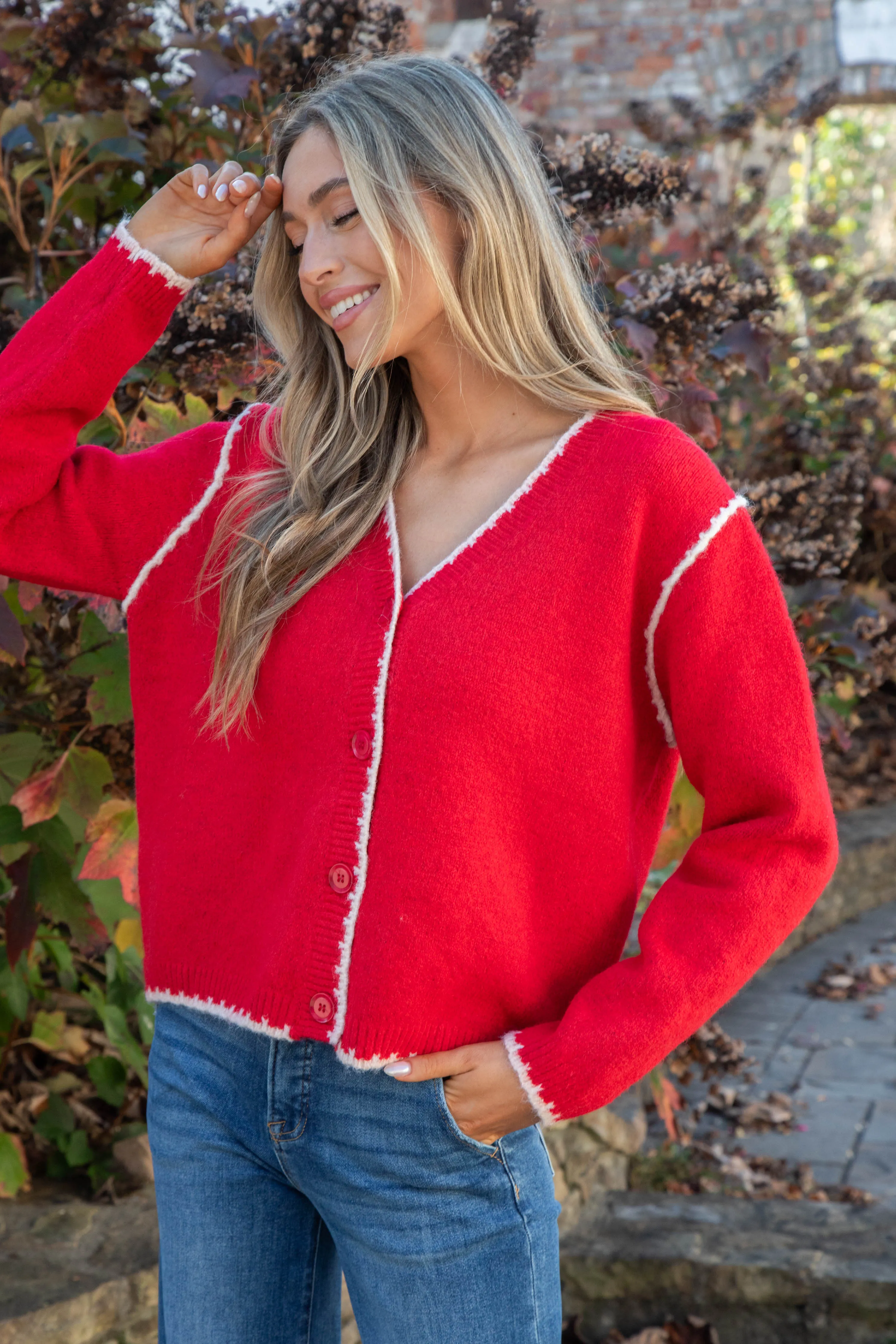 Aeryn Contrast Stitch Edges Cardigan, Red sold by North & Main Clothing Company product image thumbnail 5