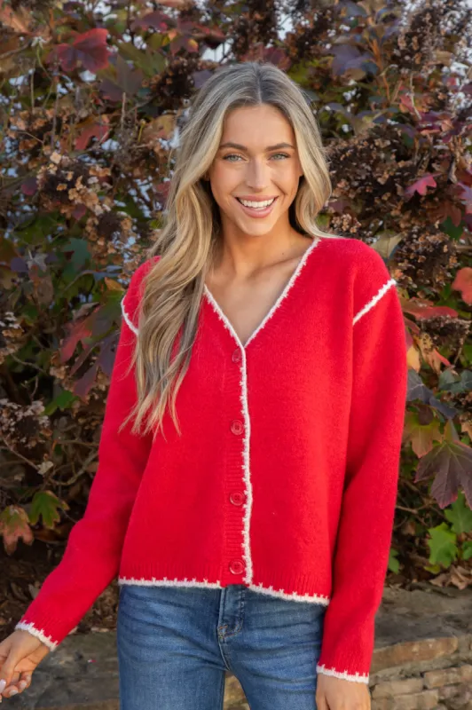 Aeryn Contrast Stitch Edges Cardigan, Red sold by North & Main Clothing Company