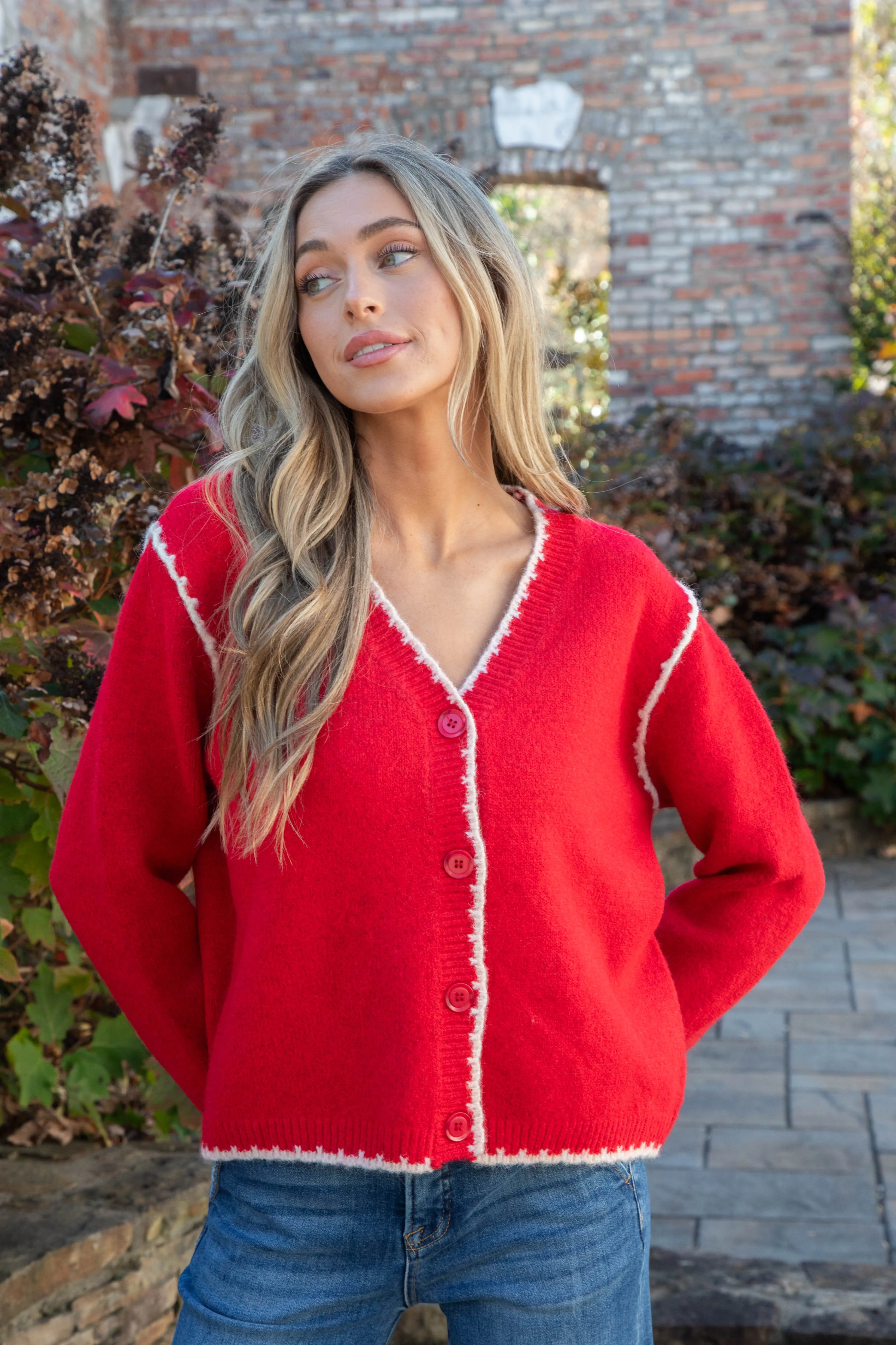 Aeryn Contrast Stitch Edges Cardigan, Red sold by North & Main Clothing Company product image thumbnail 2