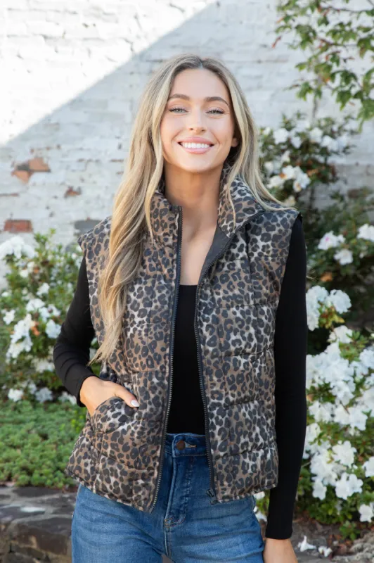 Teegan Zip Up Puffer Vest, Leopard sold by North & Main Clothing Company