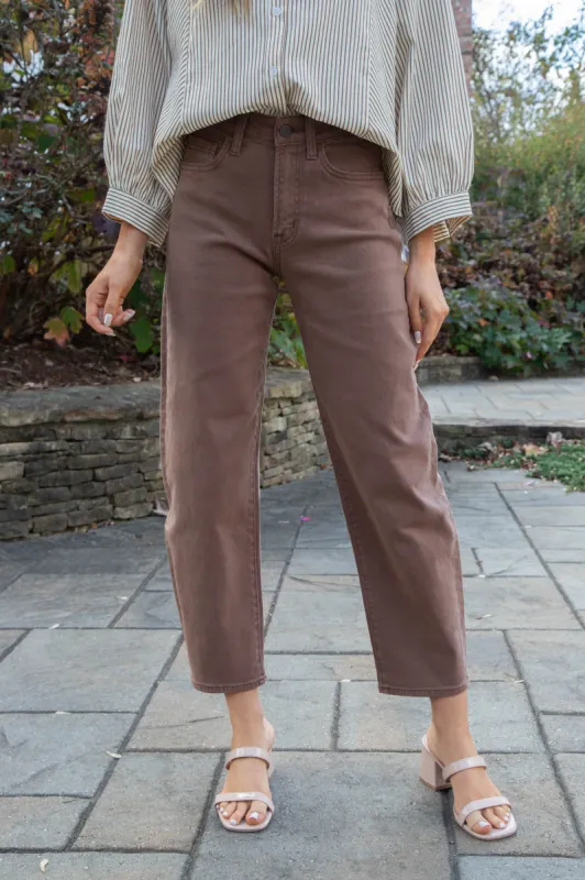 Kate Super High Rise Barrel Jeans, Brown sold by North & Main Clothing Company