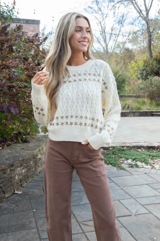 Riana Embroidered Flowers Sweater, Cream/Brown Floral made by Storia