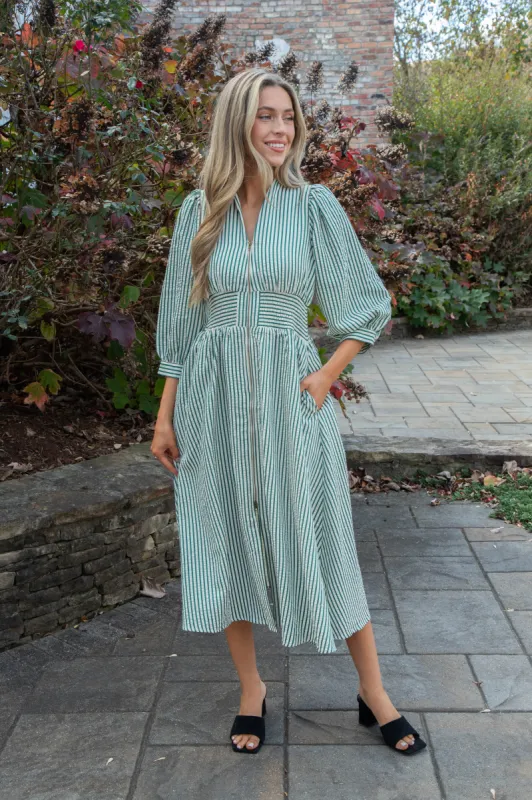 Jill Striped Zip Up Midi Dress, Hunter Green sold by North & Main Clothing Company