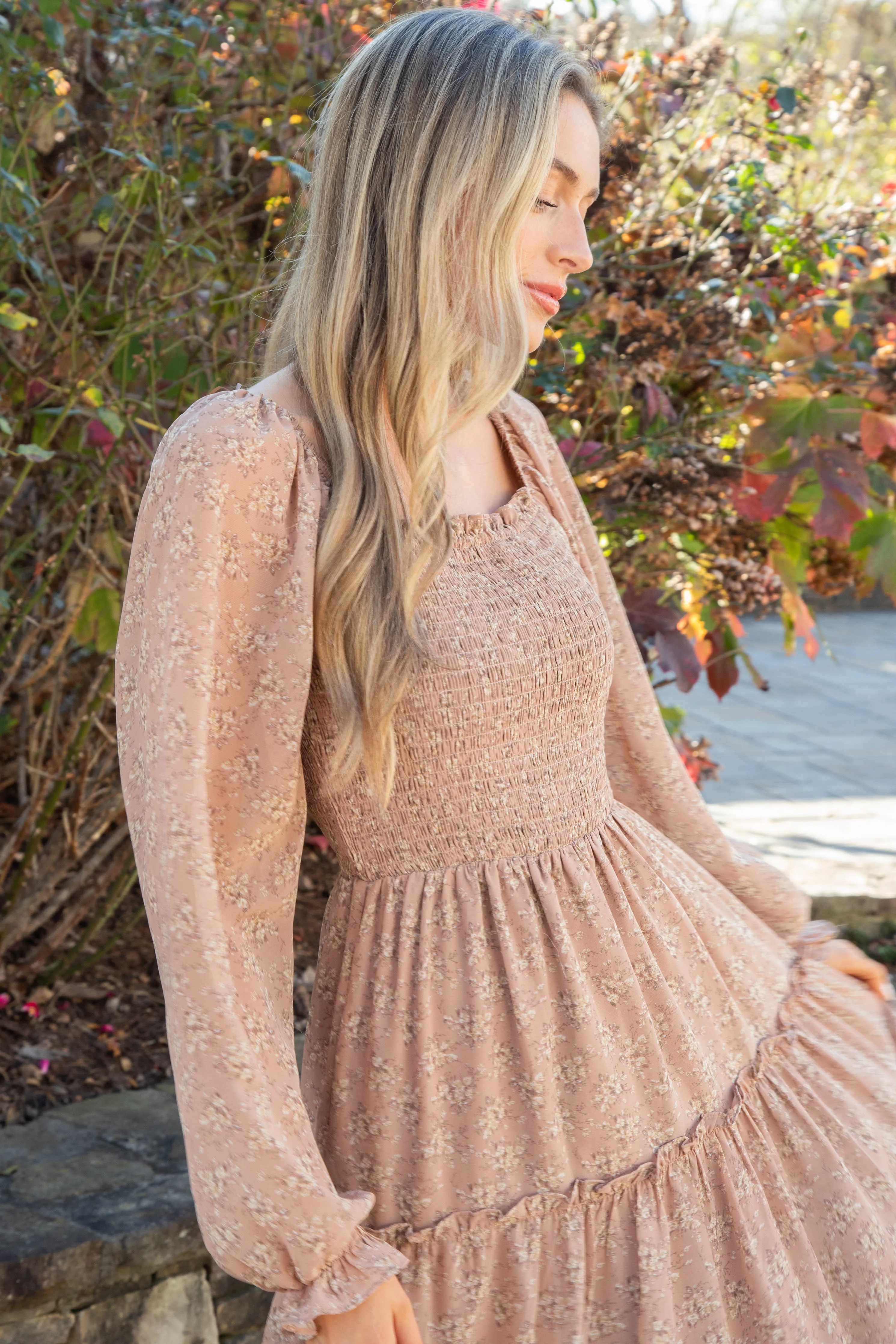 Maelyn Smocked Bodice Chiffon Dress, Mocha sold by North & Main Clothing Company product image thumbnail 2