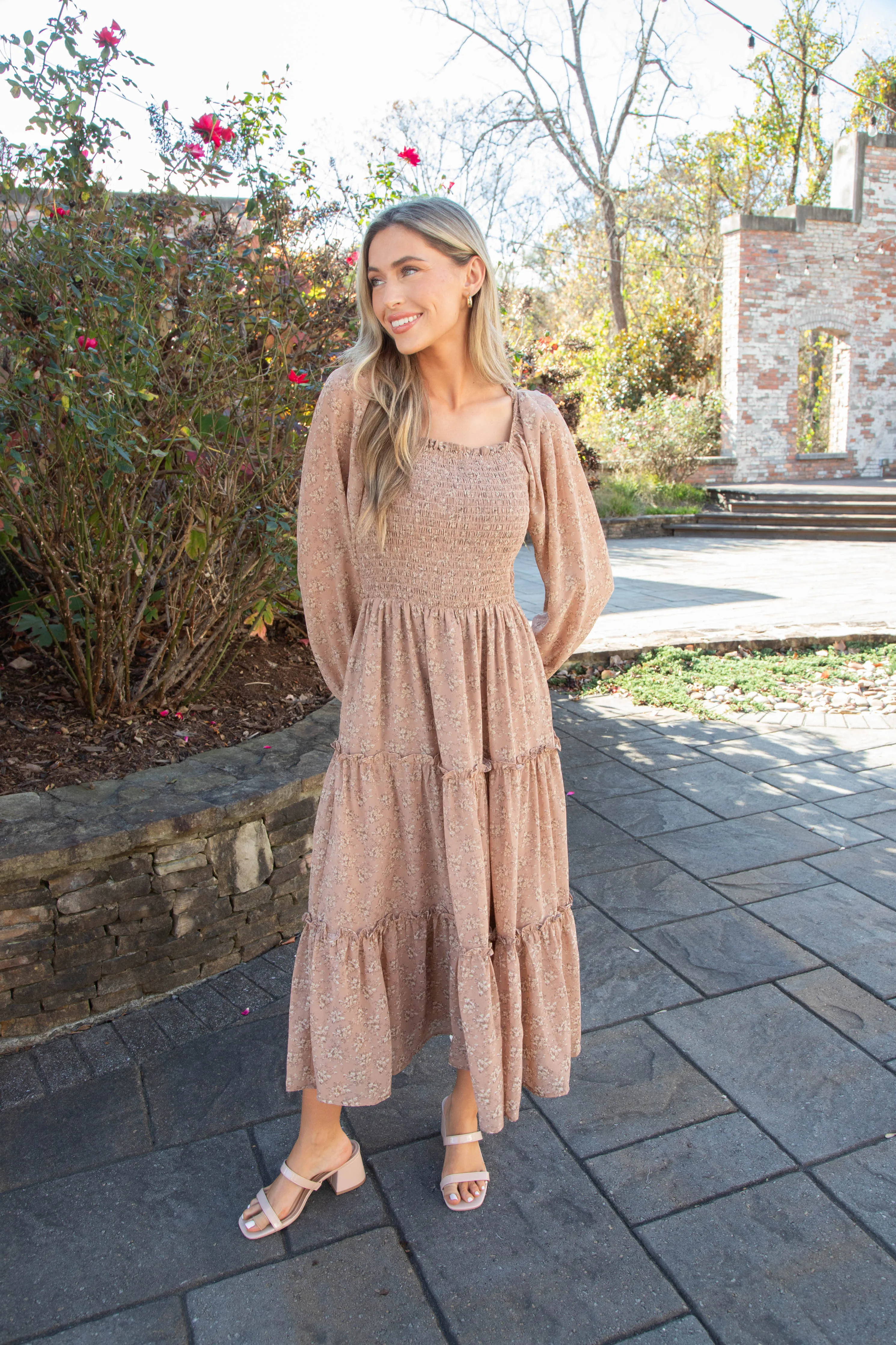 Maelyn Smocked Bodice Chiffon Dress, Mocha sold by North & Main Clothing Company product image thumbnail 4