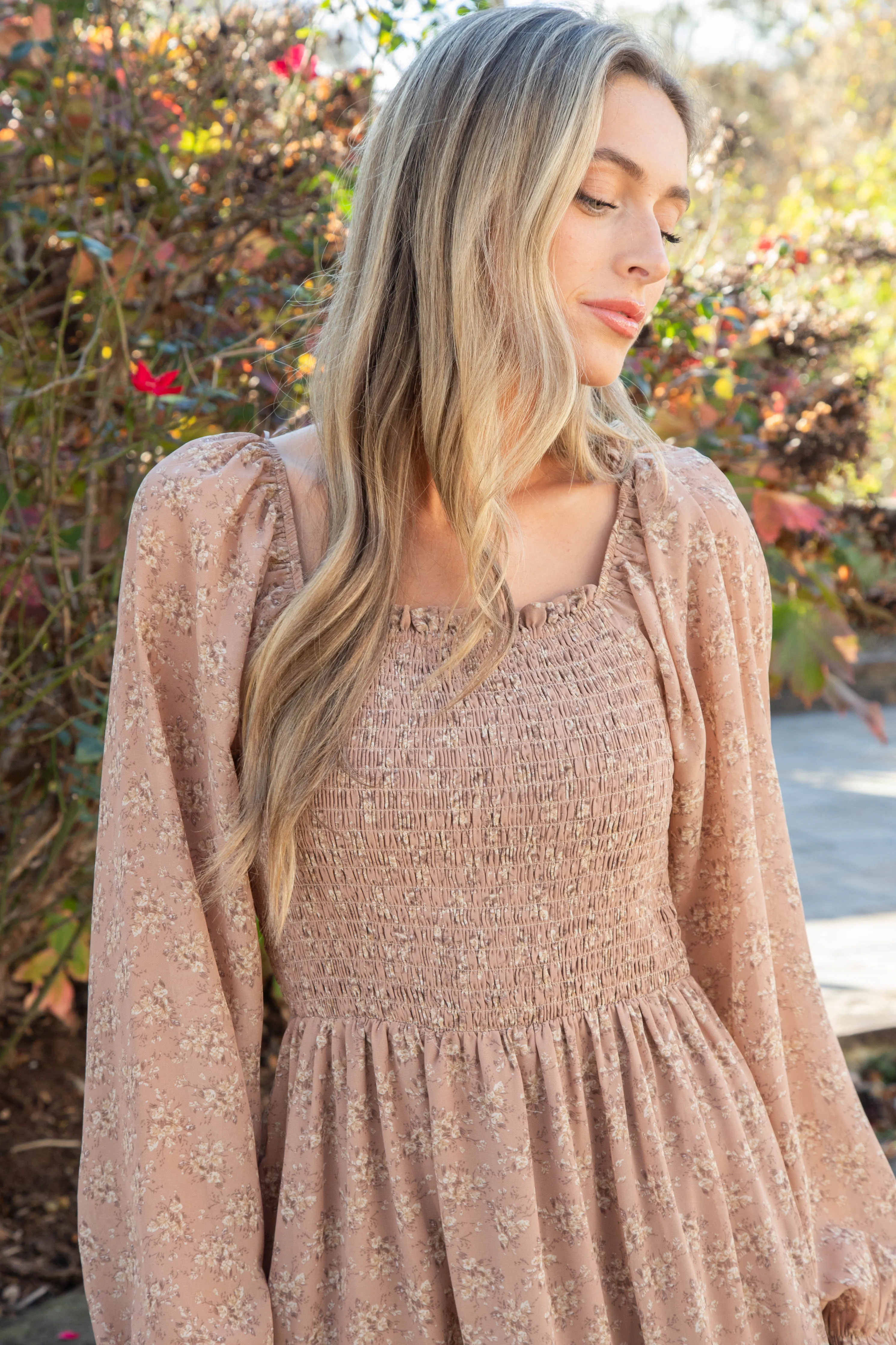 Maelyn Smocked Bodice Chiffon Dress, Mocha sold by North & Main Clothing Company product image thumbnail 5