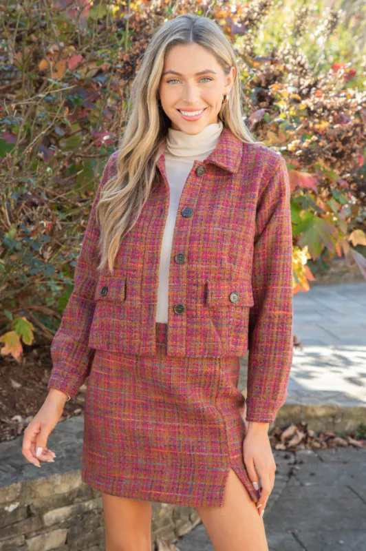 Kiah Tweed Button Down Jacket, Plum/Camel sold by North & Main Clothing Company