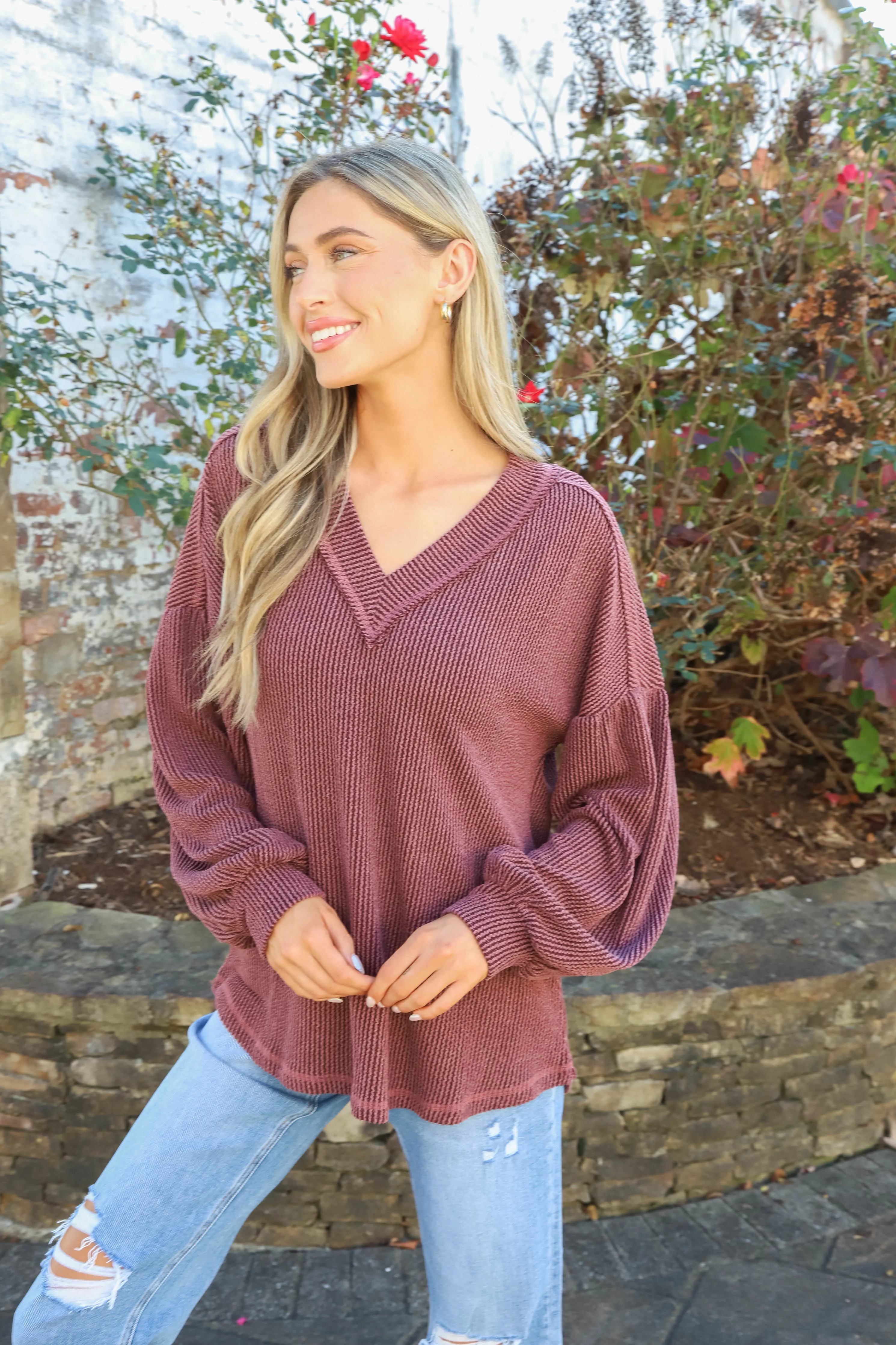 Kayley Two Tone Ribbed Top, Wine sold by North & Main Clothing Company product image thumbnail 4