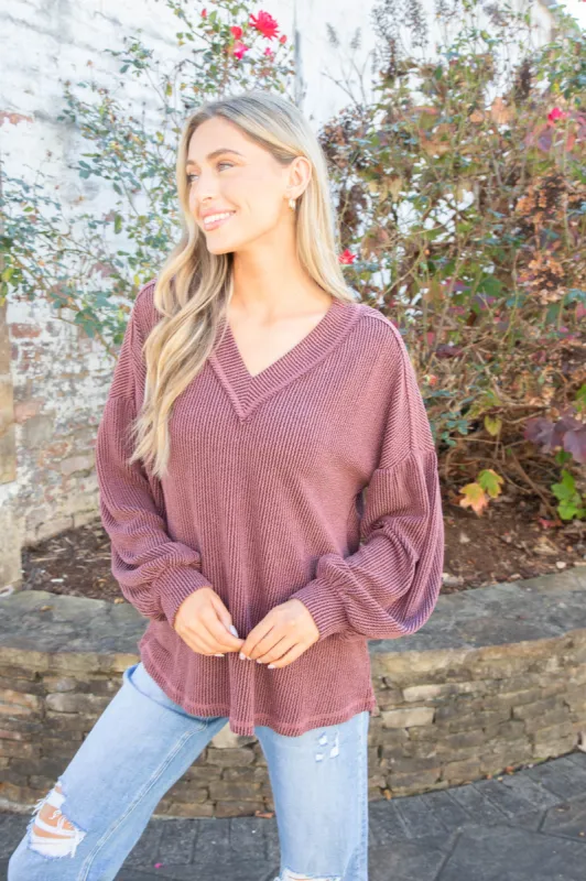 Kayley Two Tone Ribbed Top, Wine sold by North & Main Clothing Company
