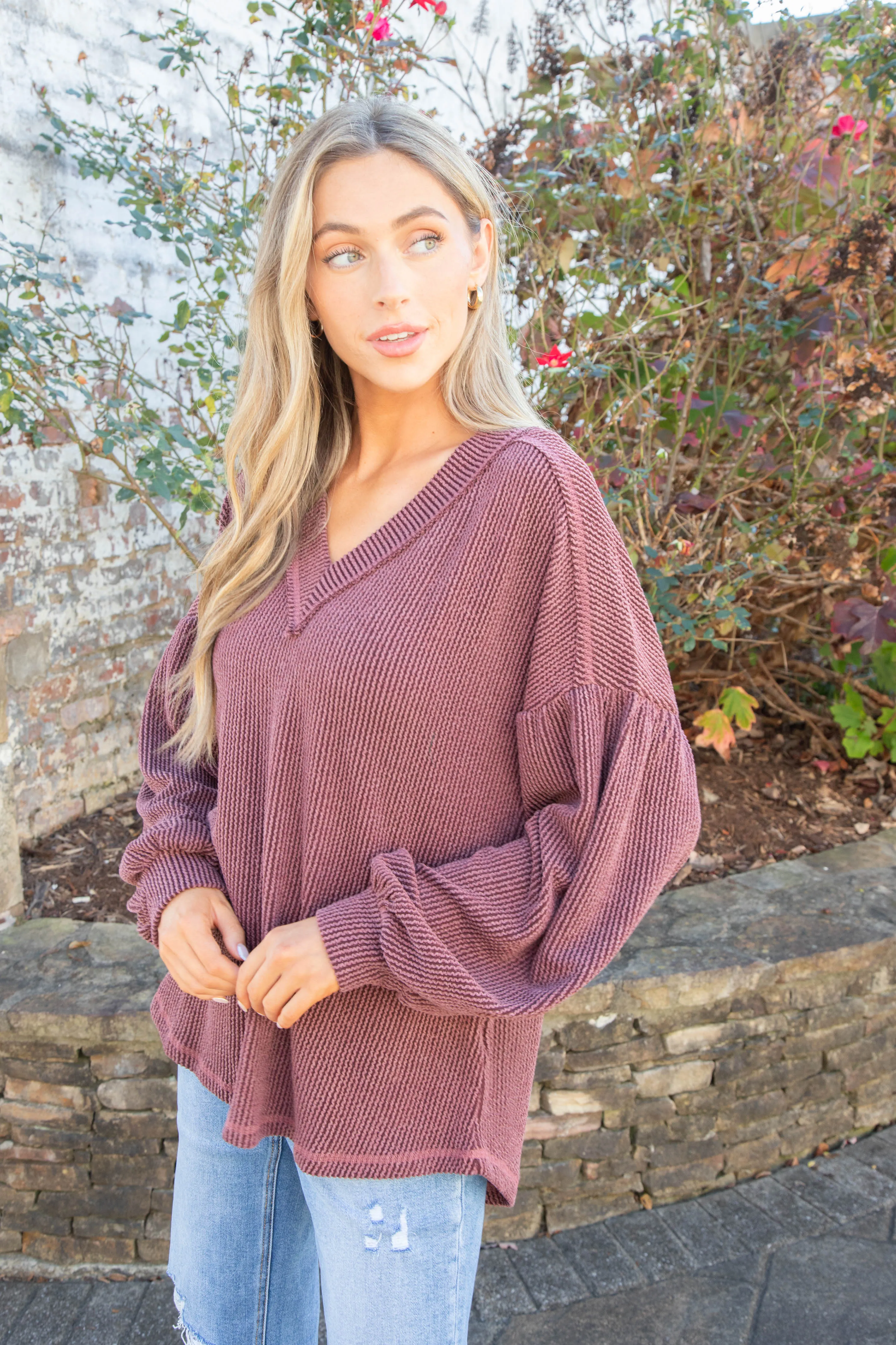 Kayley Two Tone Ribbed Top, Wine sold by North & Main Clothing Company product image thumbnail 2